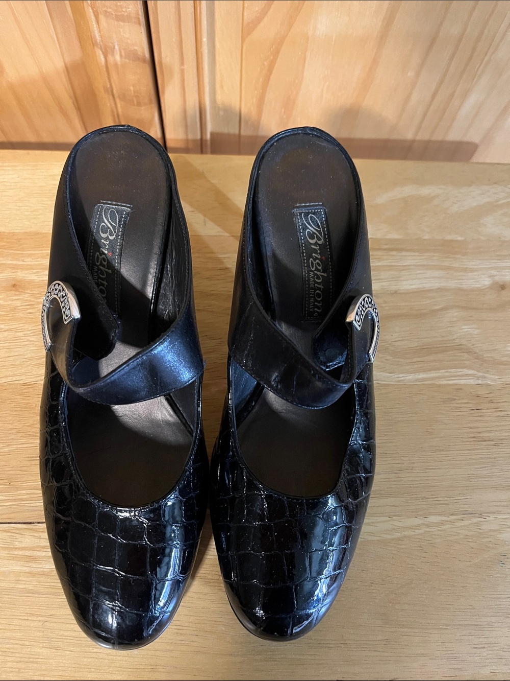 Brighton Black Croc-Embossed Mary Jane Heels with Silver Buckle